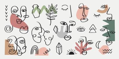 Abstract tribal woman portrait set in continuous line art. Fashion contemporary elements with ethnic female faces, leaves, flowers, shapes in modern Ink painting style. Minimalistic aesthetic concept vector