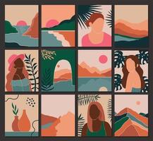 Set contemporary landscape female and leaves in boho style vector