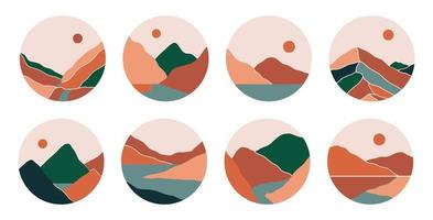 Boho social media highlight covers with mountains, river, sea vector