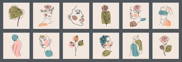 gran conjunto de fondo de caras, hojas, flores, formas abstractas. estilo de pintura de tinta. ilustraciones vectoriales dibujadas a mano contemporáneas. línea continua, concepto elegante minimalista, todos los elementos están aislados vector