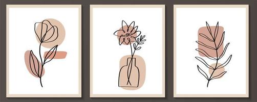 Set of flowers continuous Line art with abstract shape vector