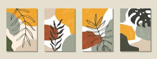 Set of posters with elements of tropical leaves and abstract shapes vector