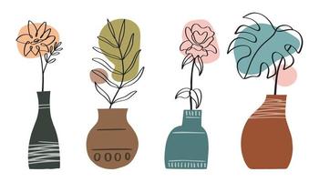 Abstract line art collection with vases and floral, leaves vector