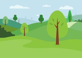Nature landscape background vector. Natural green hills and sky background. Meadow scene with trees. Green park with clouds. vector