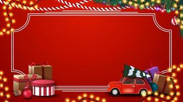 Red Christmas template with presents, vintage frame, garland and Happy New Year, red postcard with garland, Christmas tree branches and red vintage car carrying Christmas tree vector