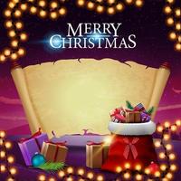 Merry Christmas, greeting postcard with Santa Claus bag with presents, old parchment for your text and beautiful winter landscape on the background vector