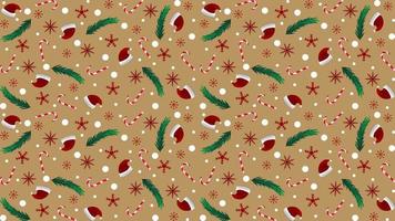 textura marrón navideña con sombrero de santa claus, ramas de árboles de navidad, bastón de caramelo y copo de nieve vector