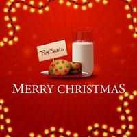 Merry Christmas, square red greeting card with garland and cookies with a glass of milk for Santa Claus vector