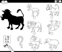 Juego de sombras con animales de dibujos animados página de libro de color vector