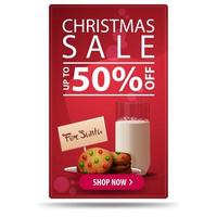 Christmas sale, up to 50 off, vertical red discount banner with button and cookies with a glass of milk for Santa Claus vector