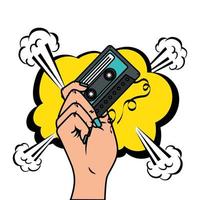 hand with cassette and cloud pop art style icon vector