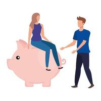 young couple with piggy savings characters vector