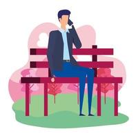 elegant businessman calling with smartphone seated in the park chair vector