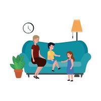 cute grandmother with kids in the sofa characters vector