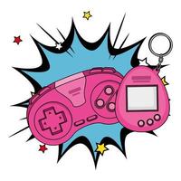 control with video game mascot of nineties in explosion pop art vector