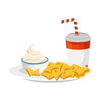 delicious soda with nachos and sauce fast food icon vector