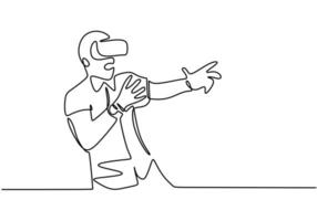 One line continuous drawing Man in glasses device virtual reality, Vector illustration simplicity. Minimalism hand drawn electronic future technology.