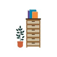 cajón de madera con libros y planta de interior vector