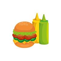 Conjunto de deliciosas salsas con hamburguesa icono aislado vector