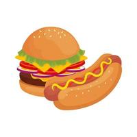 delicious burger with hot dog fast food icon vector