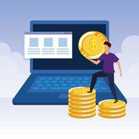 young man with laptop and money vector