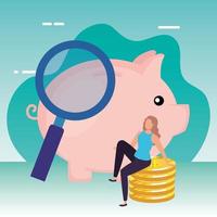 young woman with piggy and coins vector