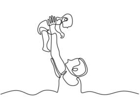 Continuous single drawn one line dad tosses a toddler by hand. Laugh together with baby. Happy playing with his baby. Love his baby. Vector illustration