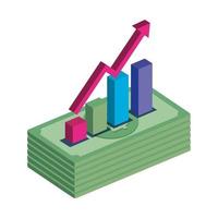 Barras estadísticas en billetes de pila icono aislado vector