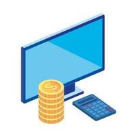 computer desktop with pile coins and calculator math vector