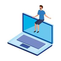 young man sitting in laptop computer vector