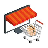 computer with parasol and cart shopping vector