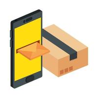 box package with smartphone and envelope isolated icon vector