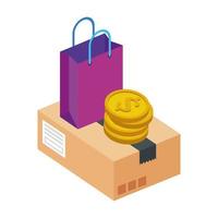 Paquete de caja con bolsa de compras y monedas icono aislado vector