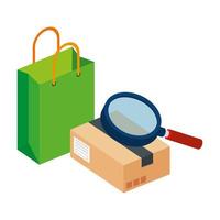 bag shopping with box package and magnifying glass vector