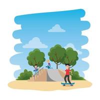 happy young kids in skateboard on the park with ramp vector