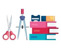 pile textbooks with scissors and supplies vector