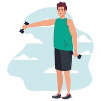 Man lifting weights with sportswear in front of clouds vector design