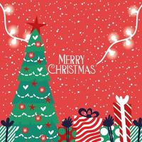 tarjeta de feliz navidad con pino y regalos