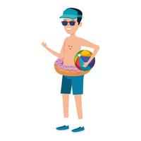 young man with donut float and balloon beach vector