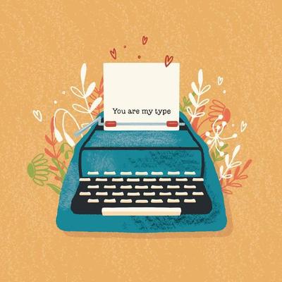 Typewriter and love note with hand lettering. Colorful hand drawn illustration for Happy Valentines day. Greeting card with flowers and decorative elements.