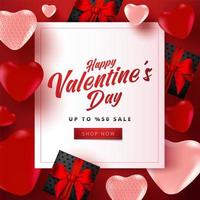 Cartel de venta de San Valentín o pancarta con muchos corazones dulces y cajas de regalo de color negro sobre fondo de color rojo. plantilla de promoción y compra o por amor y san valentín. vector