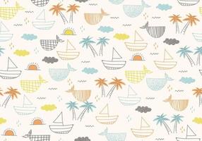 Seamless pattern with ships, fish, sun, clouds, sea and waves. vector