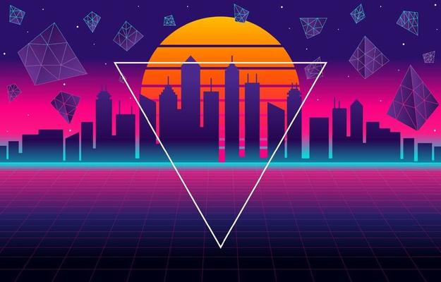 Space Retro Futurism City Background with Modern Elements