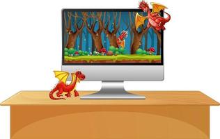 Computer monitor on the table with dragon cartoon character on screen vector