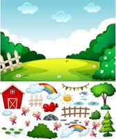 Blank meadow scene with isolated cartoon character and objects vector