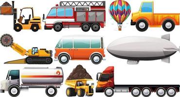 Conjunto de diferentes tipos de automóviles y camiones aislado sobre fondo blanco.