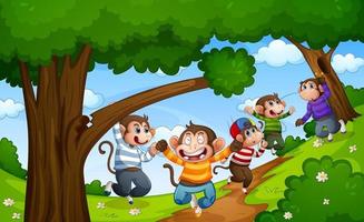 Five little monkeys jumping in the forest scene vector