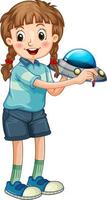 Una niña sosteniendo un personaje de dibujos animados de juguete cohete aislado sobre fondo blanco. vector