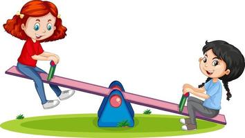 Cartoon character girls playing seesaw on white background vector