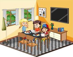 Kids in the living room in yellow theme scene on white background vector